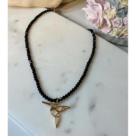 Humming bird necklace - gold geometric humming bird black crystals - Picture 2 of 5